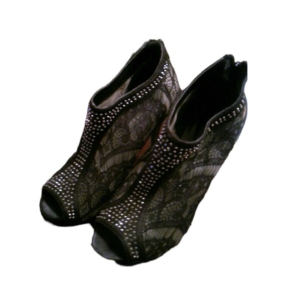 RHINESTONE STUDDED LACE HIGH HEEL BOOTIES - Picture 1 of 4